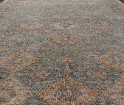 Antique Persian Tabriz Rug in Wool with Diamond Design in Blue, Apricot & Gray Squared shape Antique Persian Tabriz Rug in Wool with repeating Diamond Design in Blue, Apricot, butter & Gray. Keivan Woven Arts / rug VAS - 189102, country of origi... - Keivan Woven ArtsVAS - 189102 - 23648Rug