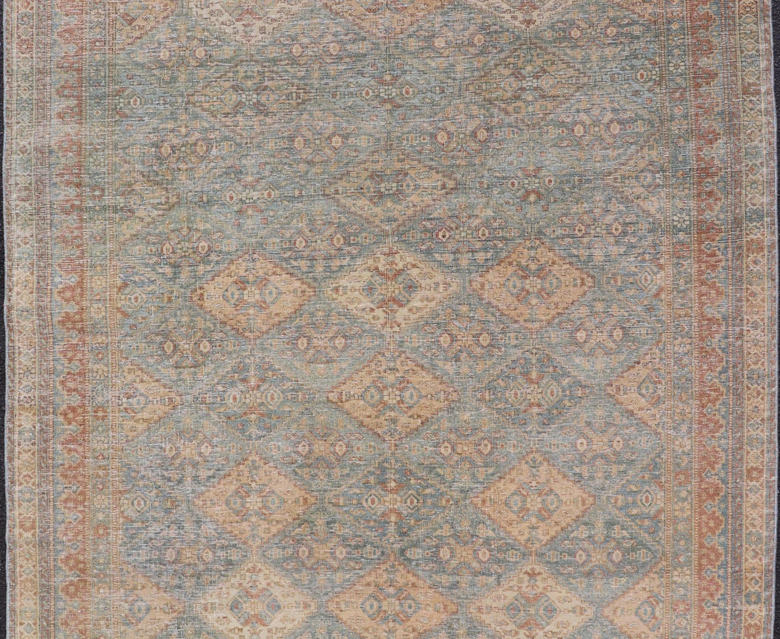 Antique Persian Tabriz Rug in Wool with Diamond Design in Blue, Apricot & Gray Squared shape Antique Persian Tabriz Rug in Wool with repeating Diamond Design in Blue, Apricot, butter & Gray. Keivan Woven Arts / rug VAS - 189102, country of origi... - Keivan Woven ArtsVAS - 189102 - 23648