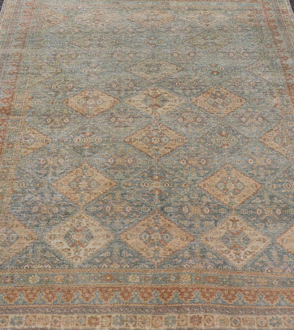 Antique Persian Tabriz Rug in Wool with Diamond Design in Blue, Apricot & Gray Squared shape Antique Persian Tabriz Rug in Wool with repeating Diamond Design in Blue, Apricot, butter & Gray. Keivan Woven Arts / rug VAS - 189102, country of origi... - Keivan Woven ArtsVAS - 189102 - 23648