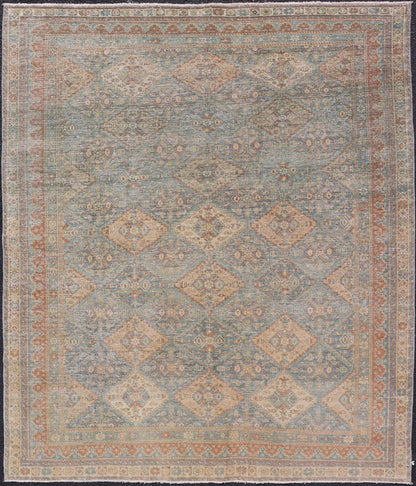 Antique Persian Tabriz Rug in Wool with Diamond Design in Blue, Apricot & Gray Squared shape Antique Persian Tabriz Rug in Wool with repeating Diamond Design in Blue, Apricot, butter & Gray. Keivan Woven Arts / rug VAS - 189102, country of origi... - Keivan Woven ArtsVAS - 189102 - 23648Rug