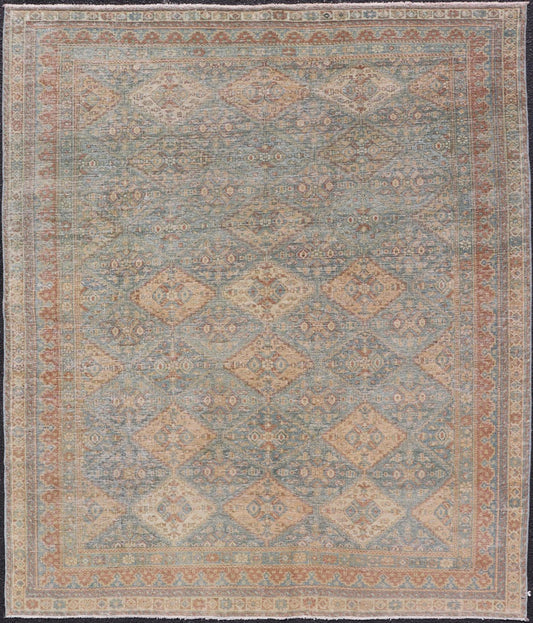 Antique Persian Tabriz Rug in Wool with Diamond Design in Blue, Apricot & Gray Squared shape Antique Persian Tabriz Rug in Wool with repeating Diamond Design in Blue, Apricot, butter & Gray. Keivan Woven Arts / rug VAS - 189102, country of origi... - Keivan Woven ArtsVAS - 189102 - 23648Rug