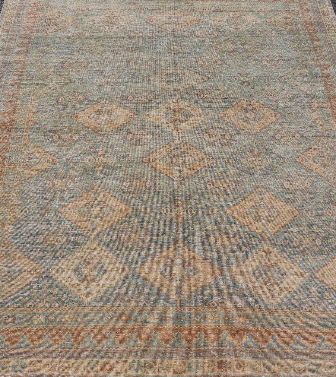 Antique Persian Tabriz Rug in Wool with Diamond Design in Blue, Apricot & Gray Squared shape Antique Persian Tabriz Rug in Wool with repeating Diamond Design in Blue, Apricot, butter & Gray. Keivan Woven Arts / rug VAS - 189102, country of origi... - Keivan Woven ArtsVAS - 189102 - 23648Rug