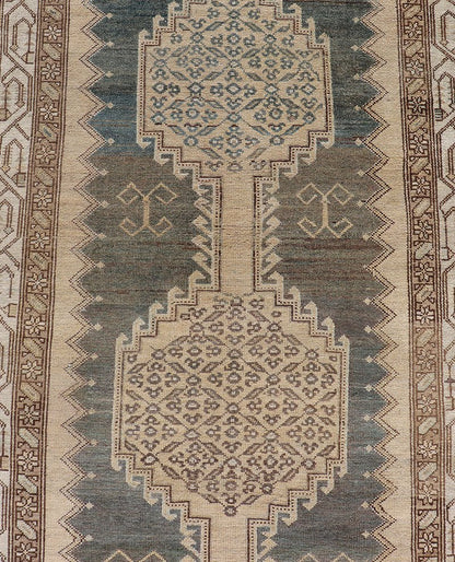 Antique N.W. Persian Runner in Gray Blue & Steel Blue Background & Medallions. Antique N.W. Persian Runner with connected Medallions. Keivan Woven Arts / rug VAS - 3 - 13986, country of origin / type: Iran / N.W. Persian, circa 1920. Measur... - Keivan Woven ArtsVAS - 3 - 13986 - 17394Rug