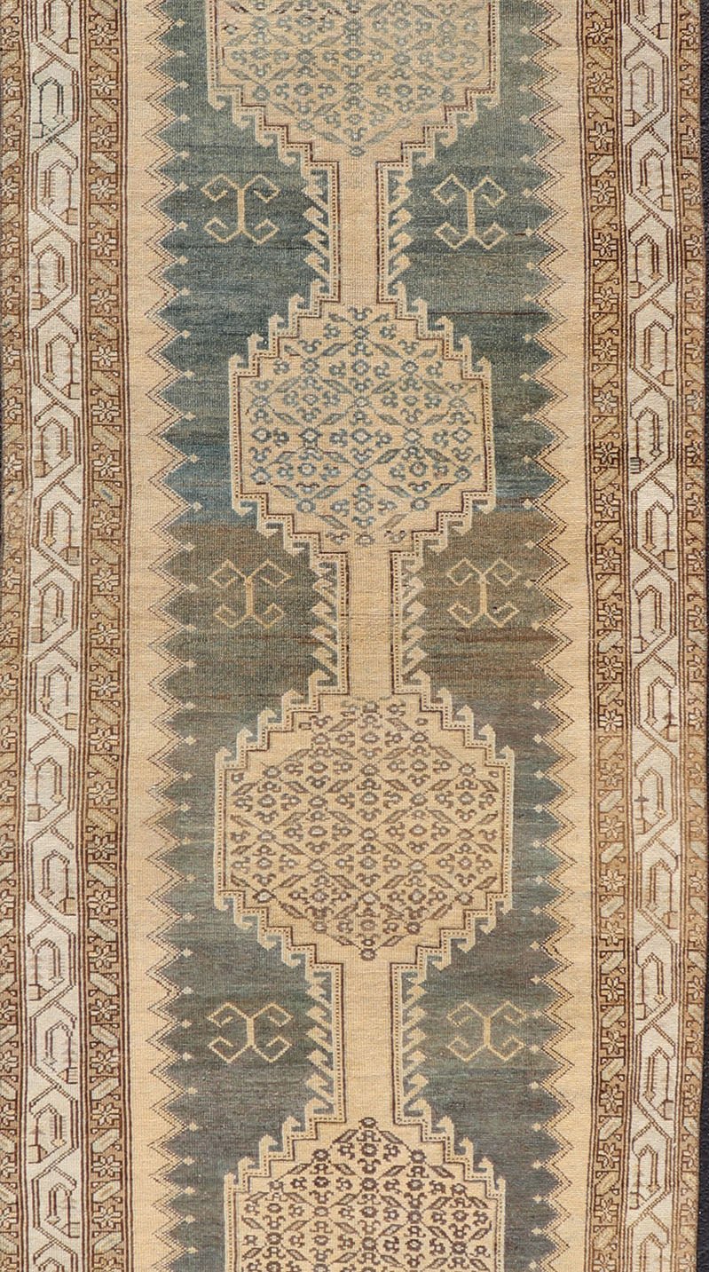 Antique N.W. Persian Runner in Gray Blue & Steel Blue Background & Medallions. Antique N.W. Persian Runner with connected Medallions. Keivan Woven Arts / rug VAS - 3 - 13986, country of origin / type: Iran / N.W. Persian, circa 1920. Measur... - Keivan Woven ArtsVAS - 3 - 13986 - 17394