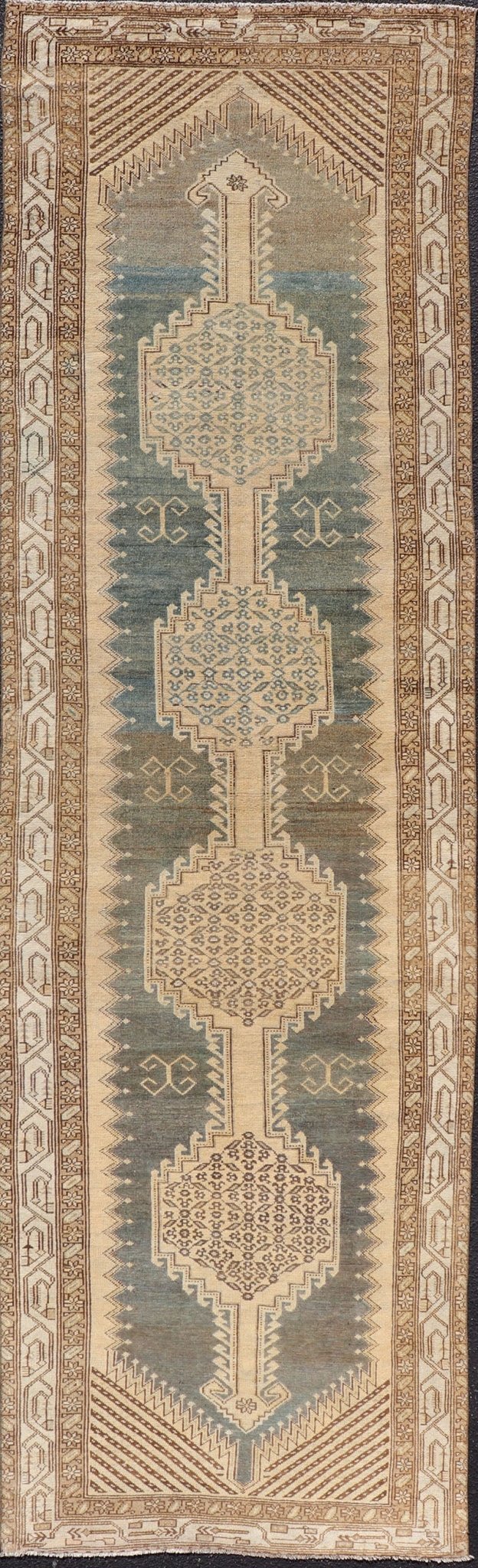 Antique N.W. Persian Runner in Gray Blue & Steel Blue Background & Medallions. Antique N.W. Persian Runner with connected Medallions. Keivan Woven Arts / rug VAS - 3 - 13986, country of origin / type: Iran / N.W. Persian, circa 1920. Measur... - Keivan Woven ArtsVAS - 3 - 13986 - 17394Rug