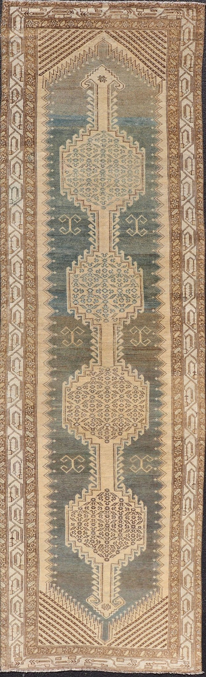 Antique N.W. Persian Runner in Gray Blue & Steel Blue Background & Medallions. Antique N.W. Persian Runner with connected Medallions. Keivan Woven Arts / rug VAS - 3 - 13986, country of origin / type: Iran / N.W. Persian, circa 1920. Measur... - Keivan Woven ArtsVAS - 3 - 13986 - 17394Rug
