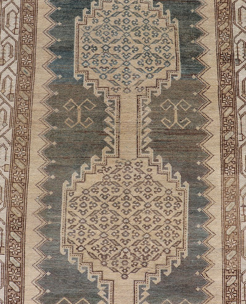Antique N.W. Persian Runner in Gray Blue & Steel Blue Background & Medallions. Antique N.W. Persian Runner with connected Medallions. Keivan Woven Arts / rug VAS - 3 - 13986, country of origin / type: Iran / N.W. Persian, circa 1920. Measur... - Keivan Woven ArtsVAS - 3 - 13986 - 17394