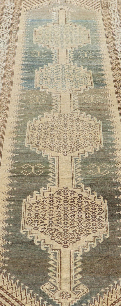 Antique N.W. Persian Runner in Gray Blue & Steel Blue Background & Medallions. Antique N.W. Persian Runner with connected Medallions. Keivan Woven Arts / rug VAS - 3 - 13986, country of origin / type: Iran / N.W. Persian, circa 1920. Measur... - Keivan Woven ArtsVAS - 3 - 13986 - 17394Rug