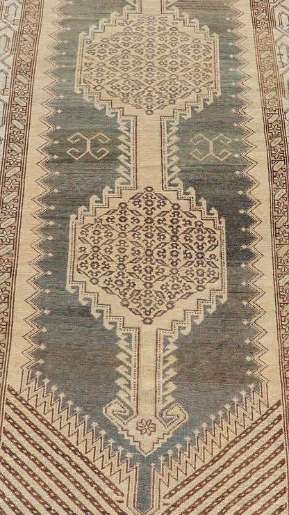 Antique N.W. Persian Runner in Gray Blue & Steel Blue Background & Medallions. Antique N.W. Persian Runner with connected Medallions. Keivan Woven Arts / rug VAS - 3 - 13986, country of origin / type: Iran / N.W. Persian, circa 1920. Measur... - Keivan Woven ArtsVAS - 3 - 13986 - 17394Rug