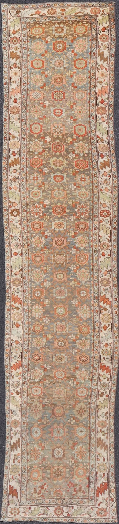 Antique Persian Bidjar Gallery Runner with Floral Design in Lt. Blue, Gray & Red. Antique Persian Bidjar Runner, rug VAS - 4 - 13494, country of origin / type: Persian / Bidjar, circa Early - 20th Century. Measures: 3'6 x 17'3 This stunning antique Bi... - Keivan Woven ArtsVAS - 4 - 13494 - 23559Rug
