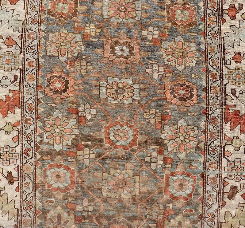 Antique Persian Bidjar Gallery Runner with Floral Design in Lt. Blue, Gray & Red. Antique Persian Bidjar Runner, rug VAS - 4 - 13494, country of origin / type: Persian / Bidjar, circa Early - 20th Century. Measures: 3'6 x 17'3 This stunning antique Bi... - Keivan Woven ArtsVAS - 4 - 13494 - 23559Rug