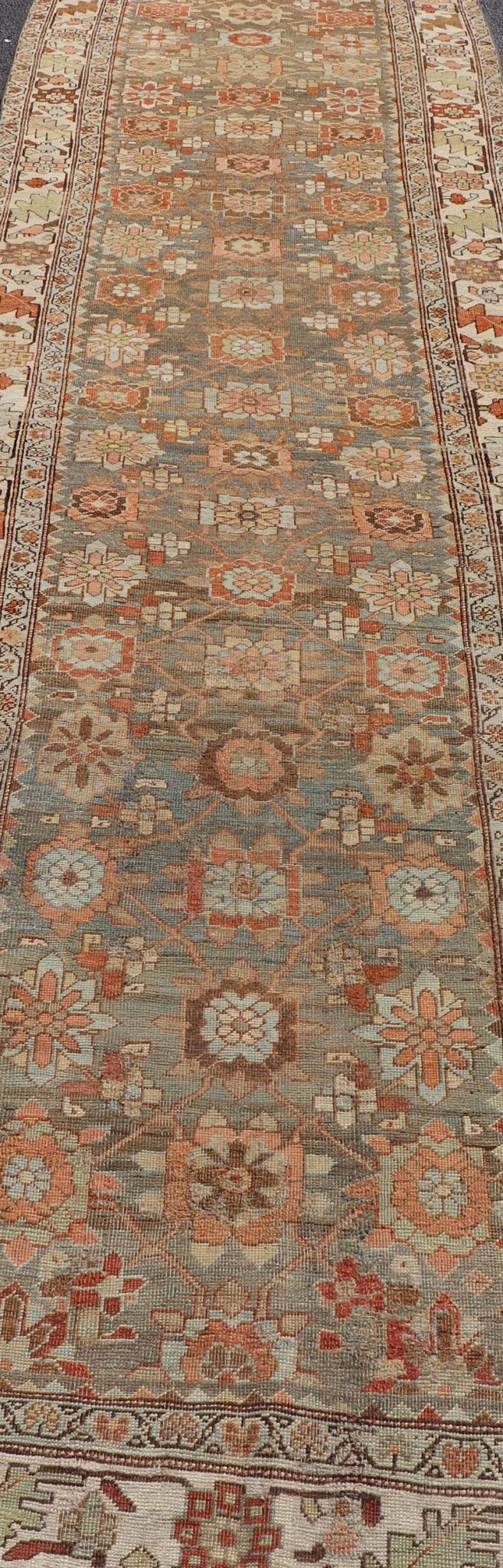 Antique Persian Bidjar Gallery Runner with Floral Design in Lt. Blue, Gray & Red. Antique Persian Bidjar Runner, rug VAS - 4 - 13494, country of origin / type: Persian / Bidjar, circa Early - 20th Century. Measures: 3'6 x 17'3 This stunning antique Bi... - Keivan Woven ArtsVAS - 4 - 13494 - 23559Rug