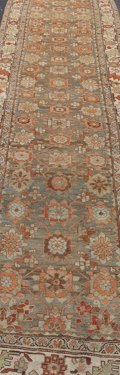 Antique Persian Bidjar Gallery Runner with Floral Design in Lt. Blue, Gray & Red. Antique Persian Bidjar Runner, rug VAS - 4 - 13494, country of origin / type: Persian / Bidjar, circa Early - 20th Century. Measures: 3'6 x 17'3 This stunning antique Bi... - Keivan Woven ArtsVAS - 4 - 13494 - 23559