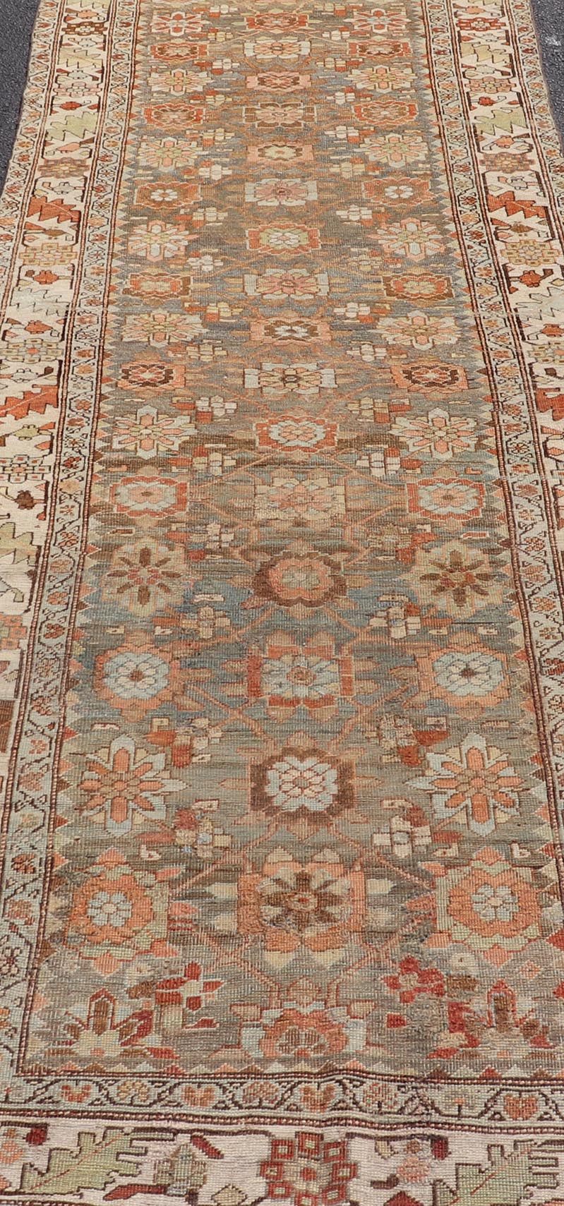Antique Persian Bidjar Gallery Runner with Floral Design in Lt. Blue, Gray & Red. Antique Persian Bidjar Runner, rug VAS - 4 - 13494, country of origin / type: Persian / Bidjar, circa Early - 20th Century. Measures: 3'6 x 17'3 This stunning antique Bi... - Keivan Woven ArtsVAS - 4 - 13494 - 23559