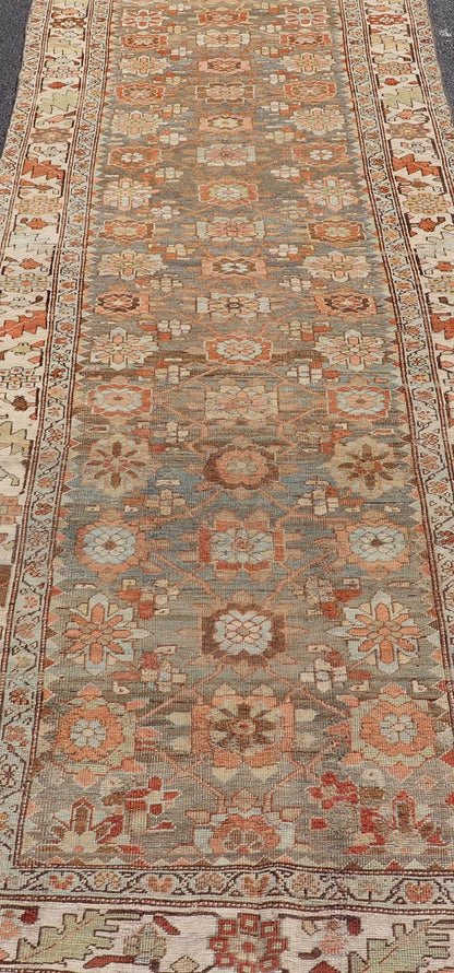 Antique Persian Bidjar Gallery Runner with Floral Design in Lt. Blue, Gray & Red. Antique Persian Bidjar Runner, rug VAS - 4 - 13494, country of origin / type: Persian / Bidjar, circa Early - 20th Century. Measures: 3'6 x 17'3 This stunning antique Bi... - Keivan Woven ArtsVAS - 4 - 13494 - 23559