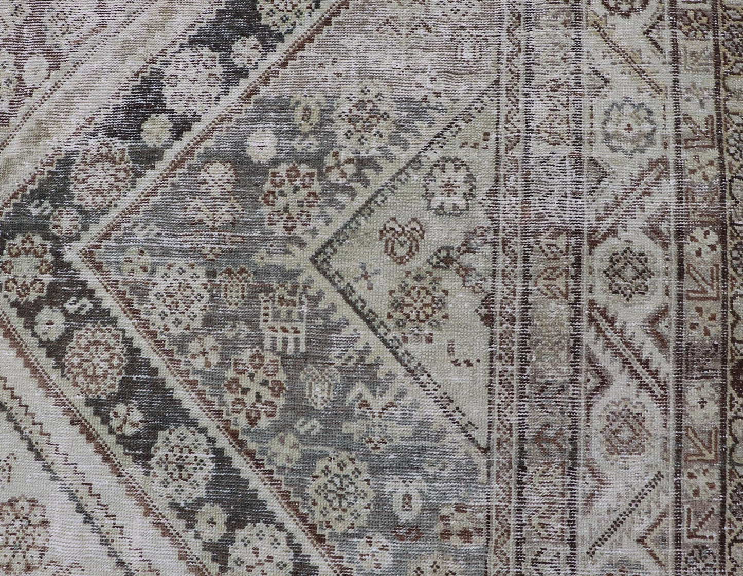 Antique Persian Mahal Gallery Rug with Medallion Design in Cream and Browns This antique Persian Mahal gallery rug has been hand - knotted in wool and features an all - over sub - geometric medallion design rendered in multicolor. A complementary, mu... - Keivan Woven ArtsVAS - 5 - 13988 - 17400
