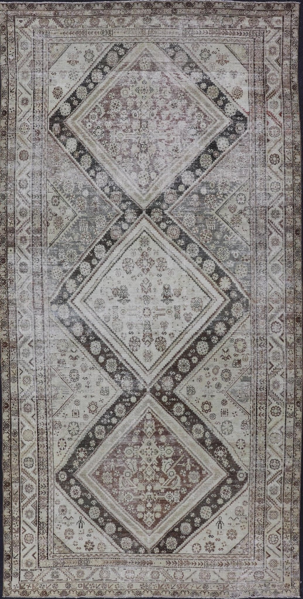 Antique Persian Mahal Gallery Rug with Medallion Design in Cream and Browns This antique Persian Mahal gallery rug has been hand - knotted in wool and features an all - over sub - geometric medallion design rendered in multicolor. A complementary, mu... - Keivan Woven ArtsVAS - 5 - 13988 - 17400Rug