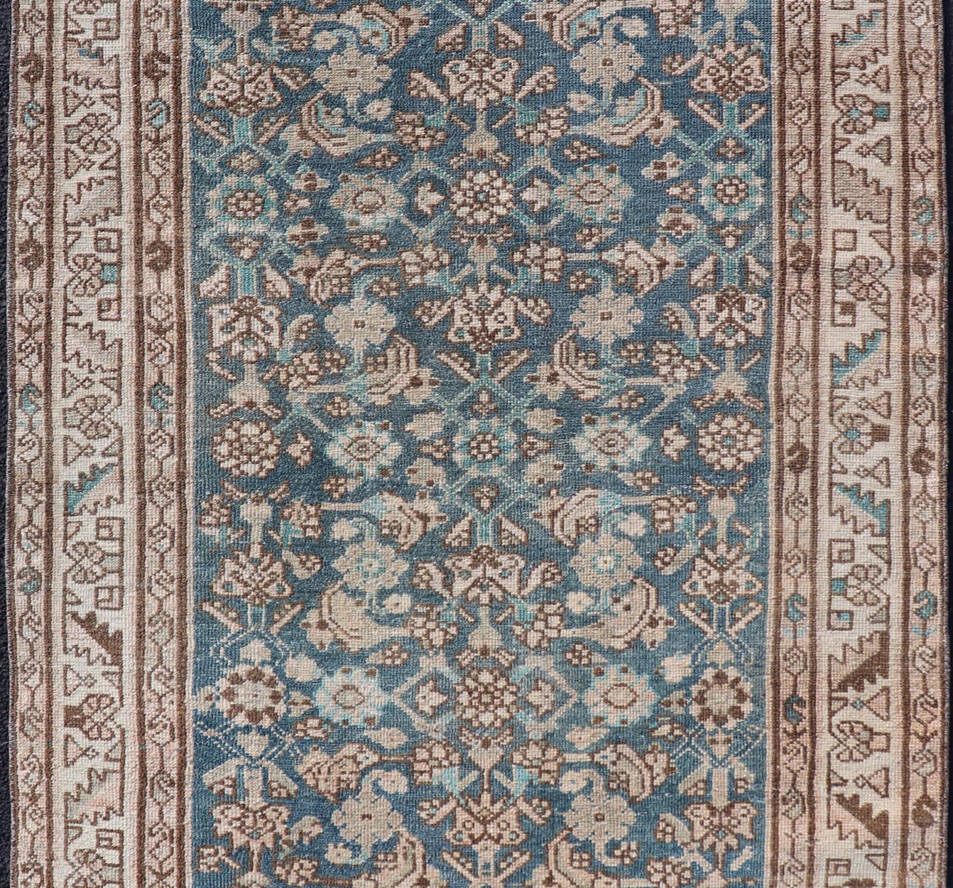 Hamedan Antique Persian Rug with Sub - Geometric Design in Blues and Neutrals. Keivan Woven Arts / rug VAS - 50051, country of origin / type: Iran / Hamedan, circa 1920 Measures: 3'3 x 6'1 This antique Persian Hamadan rug has been hand - knotted in woo... - Keivan Woven ArtsVAS - 50051 - 22381Rug