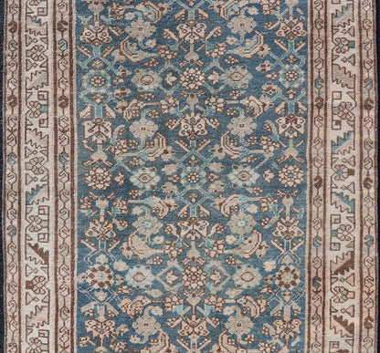 Hamedan Antique Persian Rug with Sub - Geometric Design in Blues and Neutrals. Keivan Woven Arts / rug VAS - 50051, country of origin / type: Iran / Hamedan, circa 1920 Measures: 3'3 x 6'1 This antique Persian Hamadan rug has been hand - knotted in woo... - Keivan Woven ArtsVAS - 50051 - 22381Rug