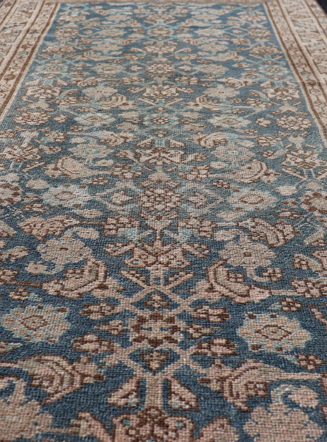 Hamedan Antique Persian Rug with Sub - Geometric Design in Blues and Neutrals. Keivan Woven Arts / rug VAS - 50051, country of origin / type: Iran / Hamedan, circa 1920 Measures: 3'3 x 6'1 This antique Persian Hamadan rug has been hand - knotted in woo... - Keivan Woven ArtsVAS - 50051 - 22381