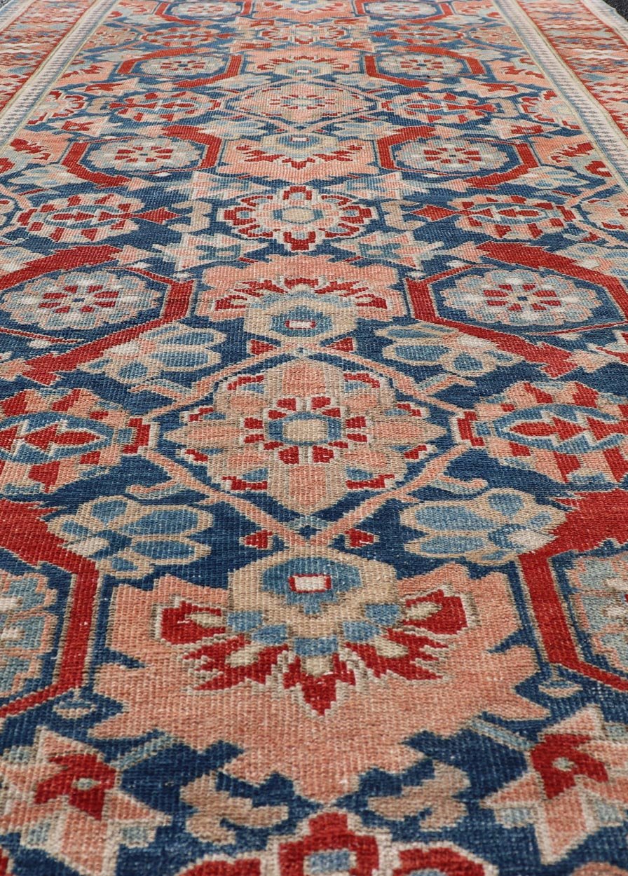 Antique Persian Tabriz Gallery Rug with Large Scale Sub Geometric Florals Antique Persian Tabriz Gallery Rug with Large Scale Sub Geometric Florals in Medium Blue Field, red, salmon ,light blue and cream. Keivan Woven Arts / rug VAS - 50331, coun... - Keivan Woven ArtsVAS - 50331 - 22387