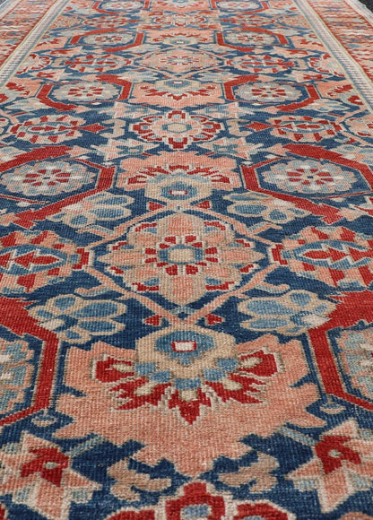 Antique Persian Tabriz Gallery Rug with Large Scale Sub Geometric Florals Antique Persian Tabriz Gallery Rug with Large Scale Sub Geometric Florals in Medium Blue Field, red, salmon ,light blue and cream. Keivan Woven Arts / rug VAS - 50331, coun... - Keivan Woven ArtsVAS - 50331 - 22387
