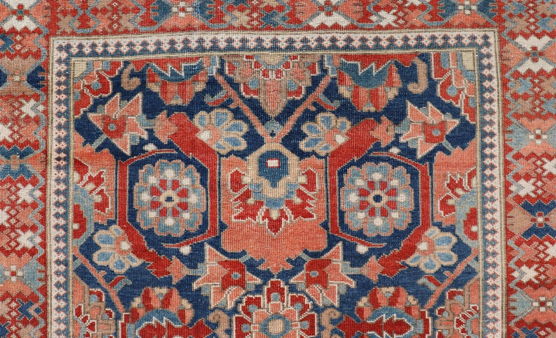 Antique Persian Tabriz Gallery Rug with Large Scale Sub Geometric Florals Antique Persian Tabriz Gallery Rug with Large Scale Sub Geometric Florals in Medium Blue Field, red, salmon ,light blue and cream. Keivan Woven Arts / rug VAS - 50331, coun... - Keivan Woven ArtsVAS - 50331 - 22387