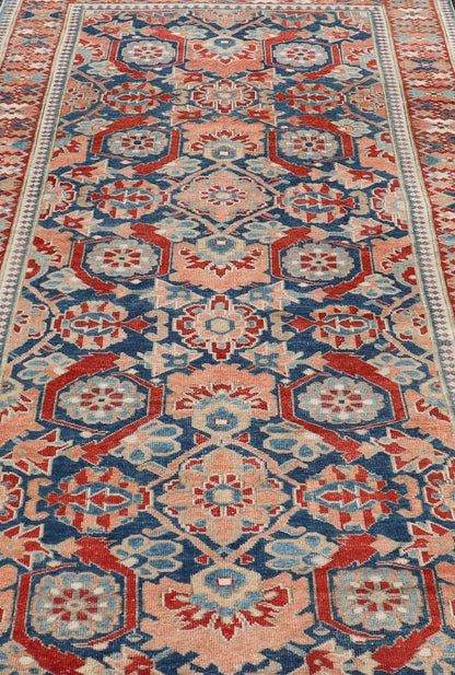 Antique Persian Tabriz Gallery Rug with Large Scale Sub Geometric Florals Antique Persian Tabriz Gallery Rug with Large Scale Sub Geometric Florals in Medium Blue Field, red, salmon ,light blue and cream. Keivan Woven Arts / rug VAS - 50331, coun... - Keivan Woven ArtsVAS - 50331 - 22387