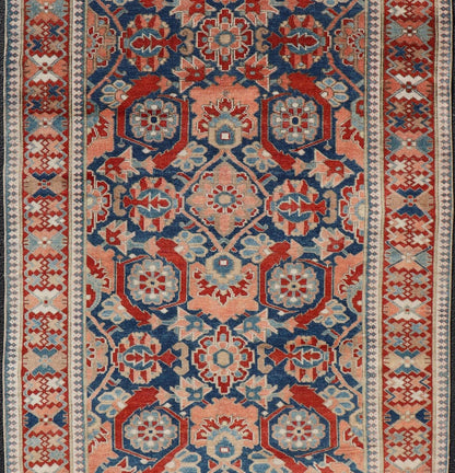 Antique Persian Tabriz Gallery Rug with Large Scale Sub Geometric Florals Antique Persian Tabriz Gallery Rug with Large Scale Sub Geometric Florals in Medium Blue Field, red, salmon ,light blue and cream. Keivan Woven Arts / rug VAS - 50331, coun... - Keivan Woven ArtsVAS - 50331 - 22387