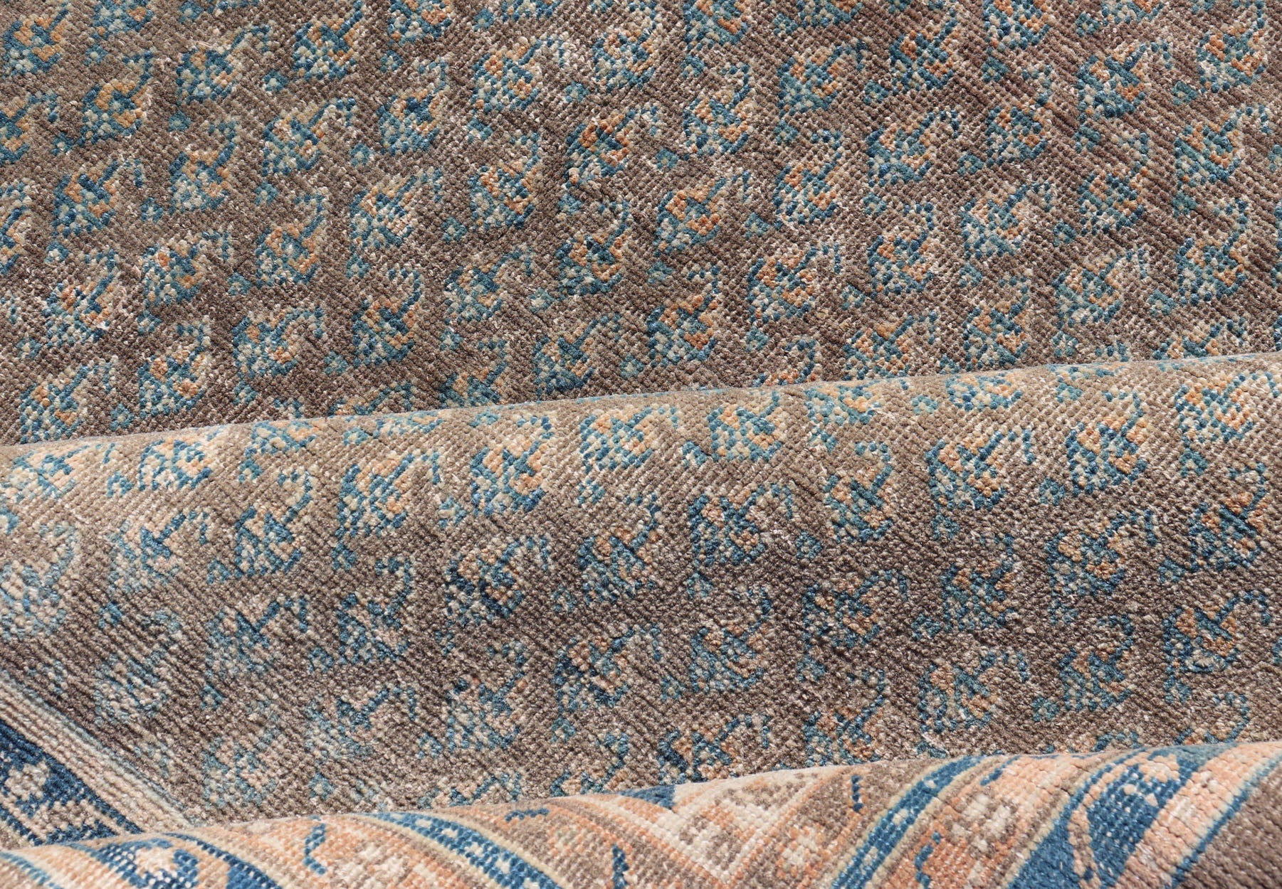 Antique Persian Tabriz Rug with All - Over Small Motif Design in Brown and Blue. Persian 1930's Tabriz Rug with All - Over Small Motif Design in Brown and Blue and neutral tones. Keivan Woven Arts / rug VAS - 50681, country of origin / type: Persian / Tabriz... - Keivan Woven ArtsVAS - 50681 - 22626Rug