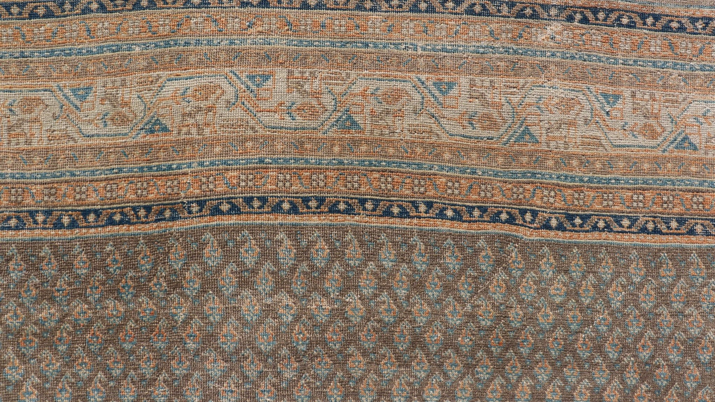 Antique Persian Tabriz Rug with All - Over Small Motif Design in Brown and Blue. Persian 1930's Tabriz Rug with All - Over Small Motif Design in Brown and Blue and neutral tones. Keivan Woven Arts / rug VAS - 50681, country of origin / type: Persian / Tabriz... - Keivan Woven ArtsVAS - 50681 - 22626Rug