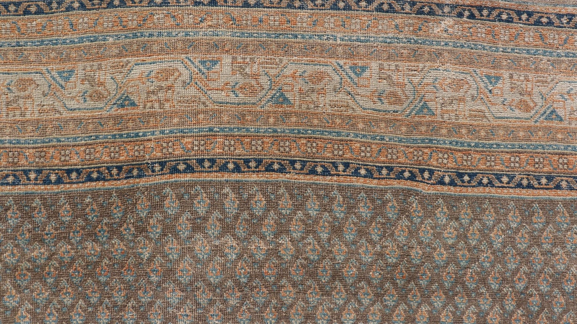 Antique Persian Tabriz Rug with All - Over Small Motif Design in Brown and Blue. Persian 1930's Tabriz Rug with All - Over Small Motif Design in Brown and Blue and neutral tones. Keivan Woven Arts / rug VAS - 50681, country of origin / type: Persian / Tabriz... - Keivan Woven ArtsVAS - 50681 - 22626Rug