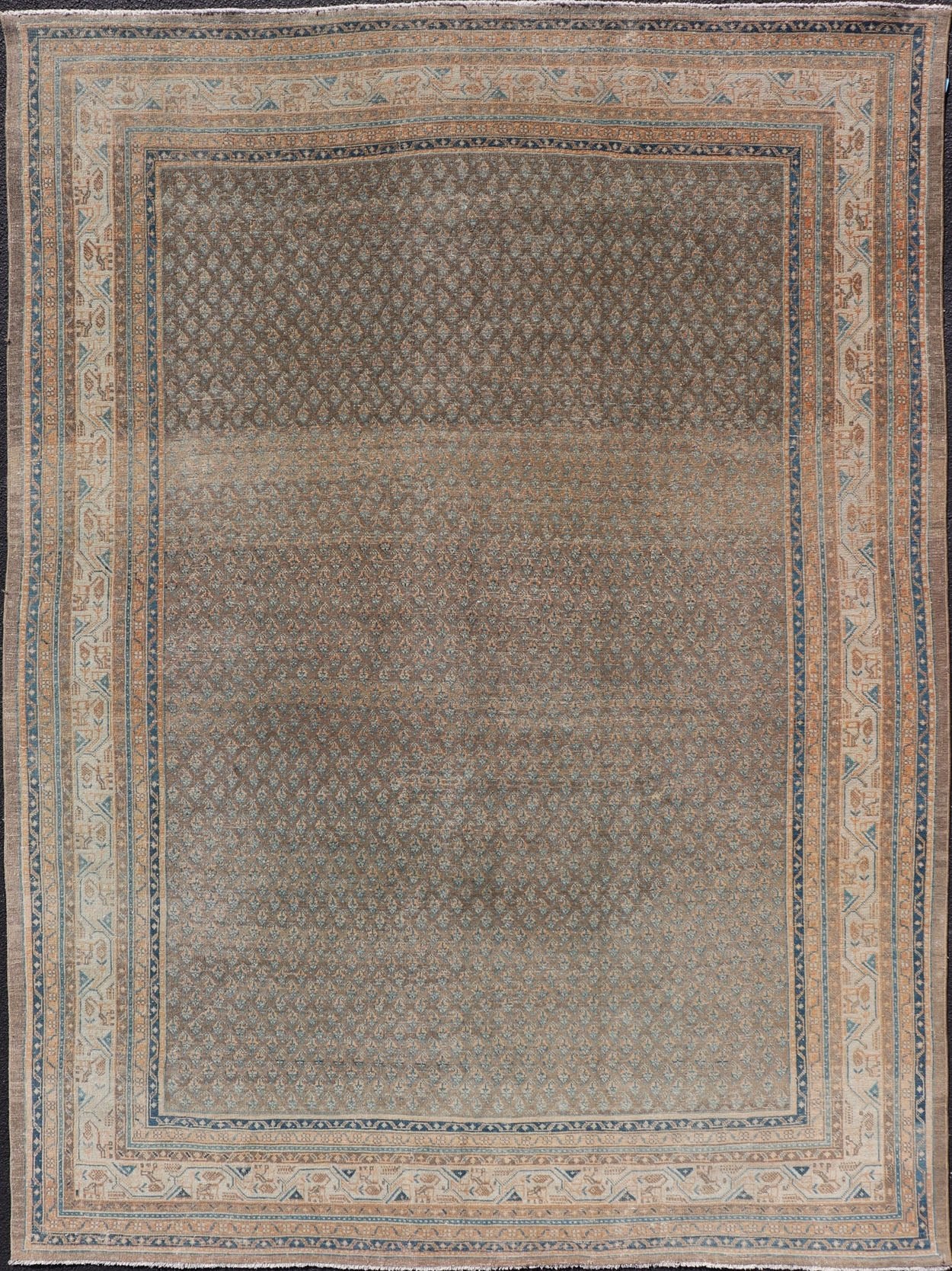 Antique Persian Tabriz Rug with All - Over Small Motif Design in Brown and Blue. Persian 1930's Tabriz Rug with All - Over Small Motif Design in Brown and Blue and neutral tones. Keivan Woven Arts / rug VAS - 50681, country of origin / type: Persian / Tabriz... - Keivan Woven ArtsVAS - 50681 - 22626Rug