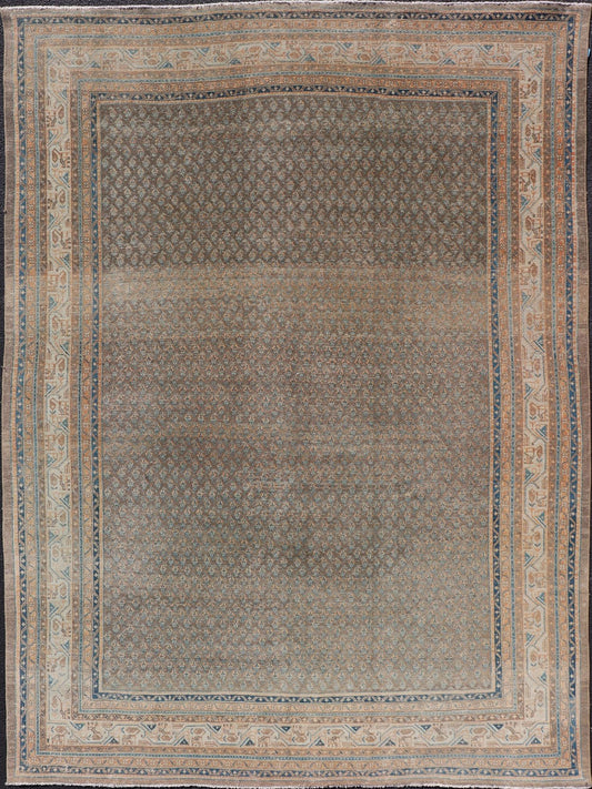 Antique Persian Tabriz Rug with All - Over Small Motif Design in Brown and Blue. Persian 1930's Tabriz Rug with All - Over Small Motif Design in Brown and Blue and neutral tones. Keivan Woven Arts / rug VAS - 50681, country of origin / type: Persian / Tabriz... - Keivan Woven ArtsVAS - 50681 - 22626Rug