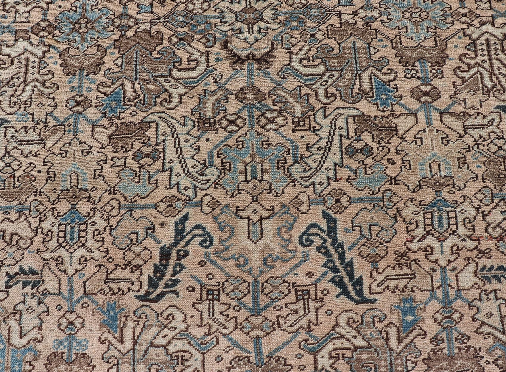 Square size Persian Heriz Rug with All - Over Sub Floral Design in Brown & Blue. Keivan Woven Arts / rug VAS - 51321, country of origin / type: Iran / Heriz, circa mid - 20th century. Measures: 6'10 x 8'0 This magnificent neutral toned Persian Heriz ... - Keivan Woven ArtsVAS - 51321 - 22393Rug