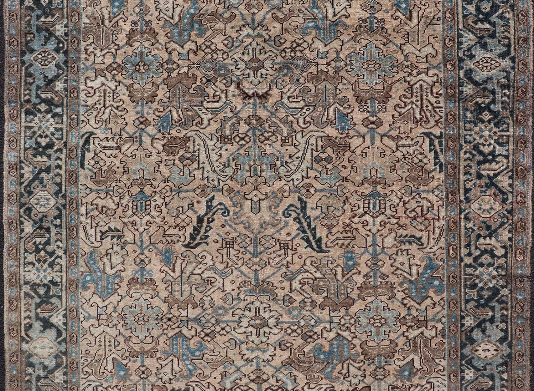 Square size Persian Heriz Rug with All - Over Sub Floral Design in Brown & Blue. Keivan Woven Arts / rug VAS - 51321, country of origin / type: Iran / Heriz, circa mid - 20th century. Measures: 6'10 x 8'0 This magnificent neutral toned Persian Heriz ... - Keivan Woven ArtsVAS - 51321 - 22393Rug