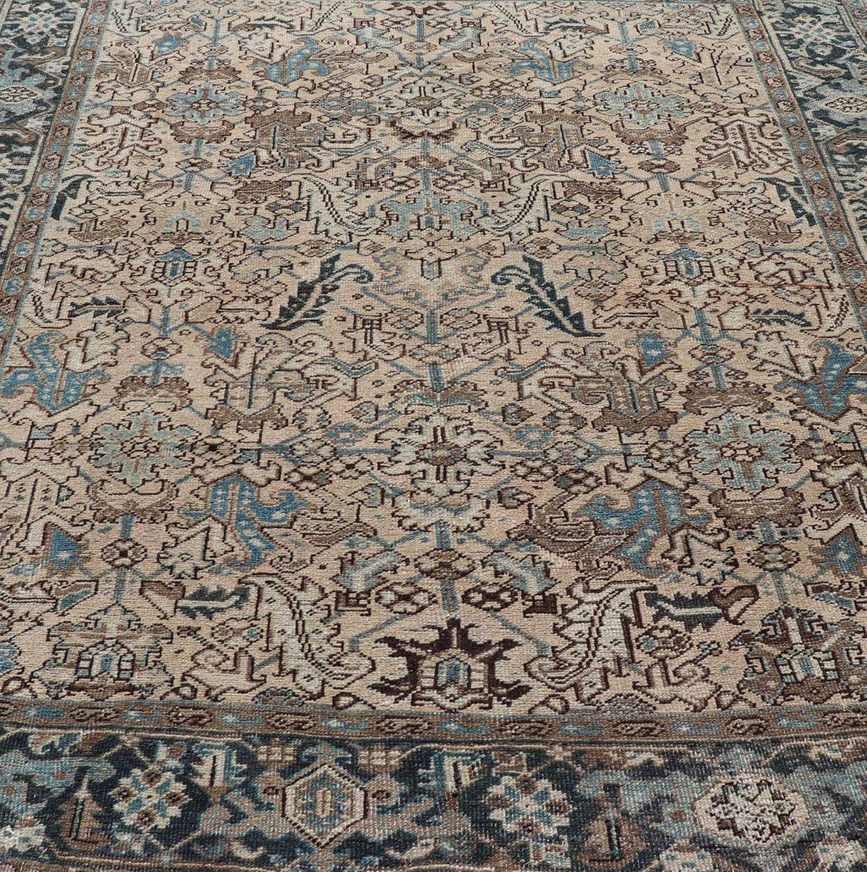 Square size Persian Heriz Rug with All - Over Sub Floral Design in Brown & Blue. Keivan Woven Arts / rug VAS - 51321, country of origin / type: Iran / Heriz, circa mid - 20th century. Measures: 6'10 x 8'0 This magnificent neutral toned Persian Heriz ... - Keivan Woven ArtsVAS - 51321 - 22393Rug