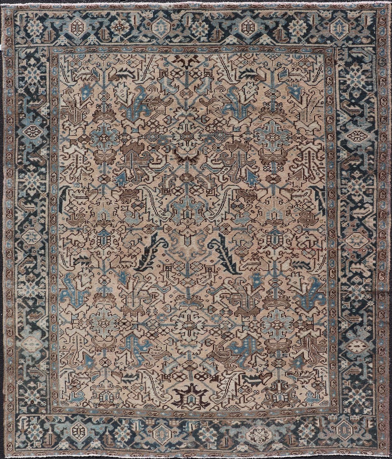 Square size Persian Heriz Rug with All - Over Sub Floral Design in Brown & Blue. Keivan Woven Arts / rug VAS - 51321, country of origin / type: Iran / Heriz, circa mid - 20th century. Measures: 6'10 x 8'0 This magnificent neutral toned Persian Heriz ... - Keivan Woven ArtsVAS - 51321 - 22393Rug