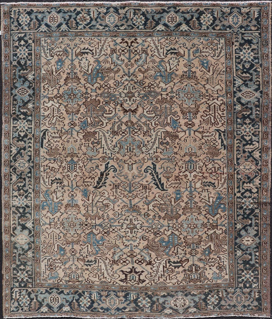 Square size Persian Heriz Rug with All - Over Sub Floral Design in Brown & Blue. Keivan Woven Arts / rug VAS - 51321, country of origin / type: Iran / Heriz, circa mid - 20th century. Measures: 6'10 x 8'0 This magnificent neutral toned Persian Heriz ... - Keivan Woven ArtsVAS - 51321 - 22393Rug