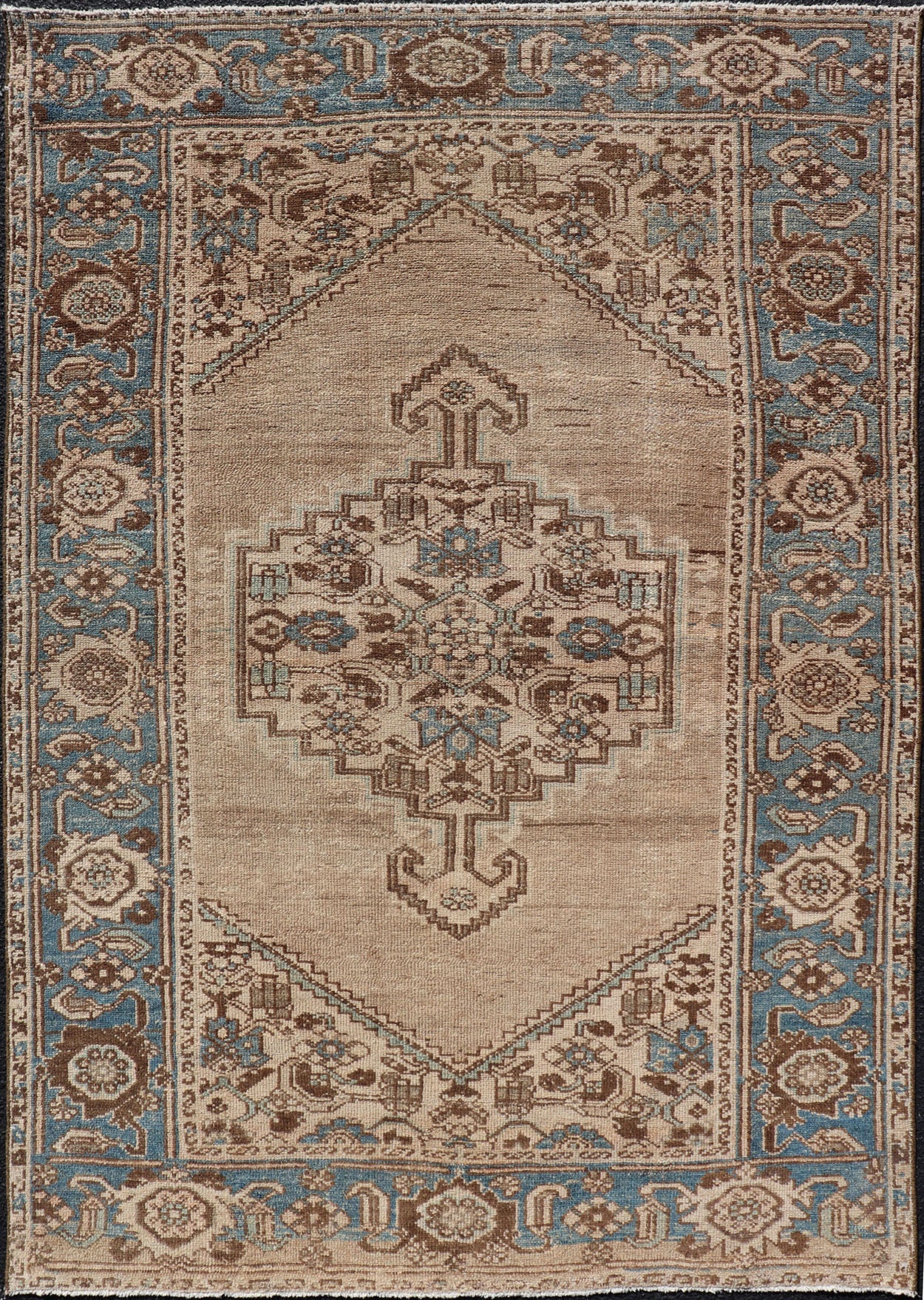 Antique Persian Hamadan Rug with Medallion Design in Tan, Light Blue & Brown. Persian Antique Hamadan small Rug with Medallion Design in Tan, light Blue and brown accents. Keivan Woven Arts / rug VAS - 55111, origin / type: Iran / Hamedan, circa 1920 ... - Keivan Woven ArtsVAS - 55111 - 23030