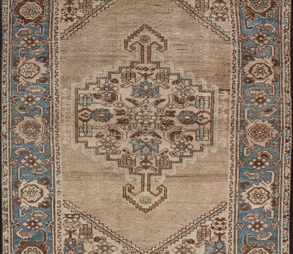 Antique Persian Hamadan Rug with Medallion Design in Tan, Light Blue & Brown. Persian Antique Hamadan small Rug with Medallion Design in Tan, light Blue and brown accents. Keivan Woven Arts / rug VAS - 55111, origin / type: Iran / Hamedan, circa 1920 ... - Keivan Woven ArtsVAS - 55111 - 23030