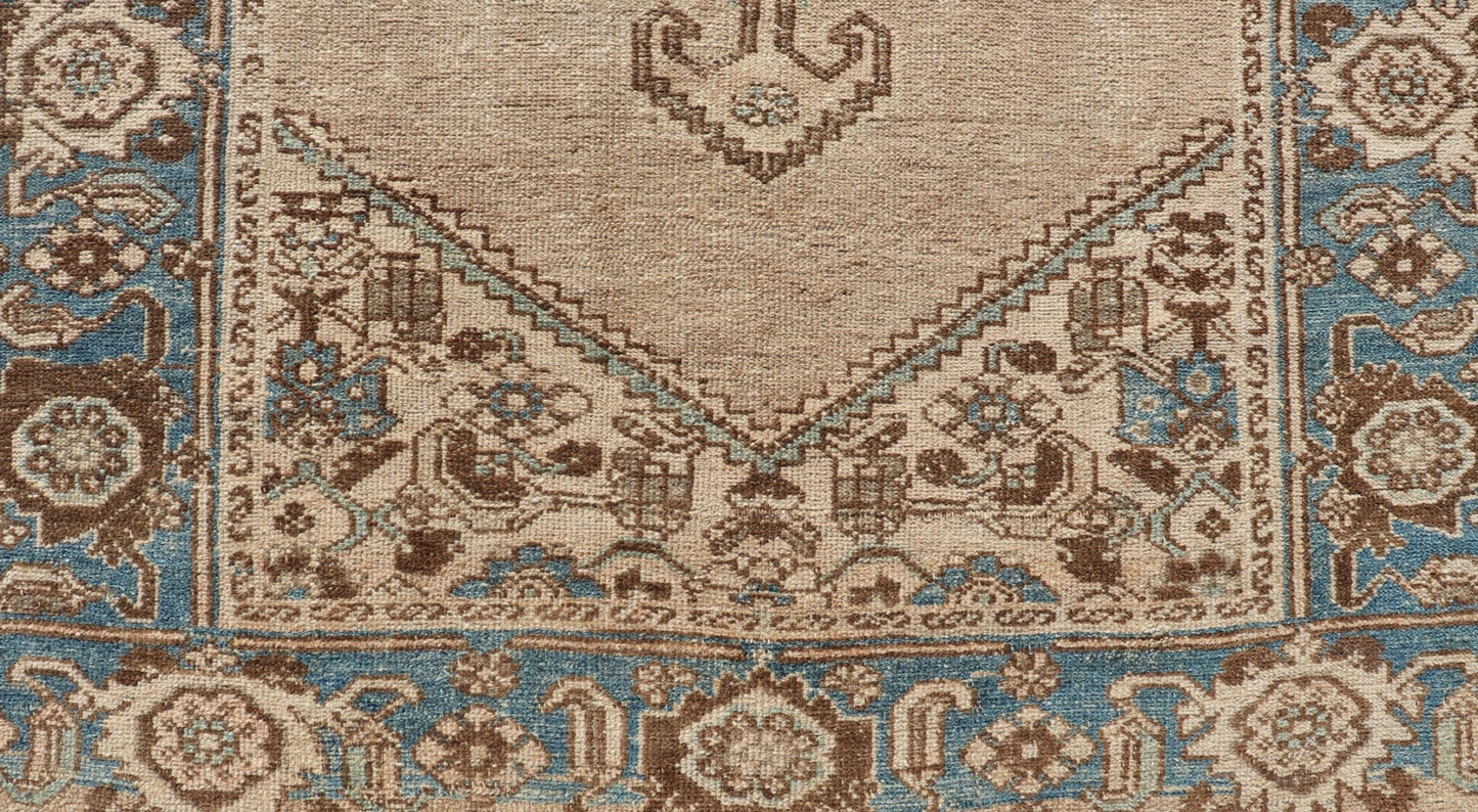 Antique Persian Hamadan Rug with Medallion Design in Tan, Light Blue & Brown. Persian Antique Hamadan small Rug with Medallion Design in Tan, light Blue and brown accents. Keivan Woven Arts / rug VAS - 55111, origin / type: Iran / Hamedan, circa 1920 ... - Keivan Woven ArtsVAS - 55111 - 23030