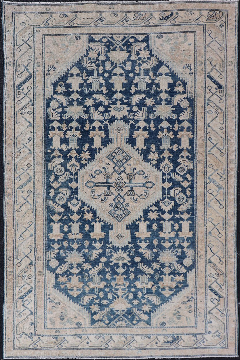 Mid Night Blue Background Antique Persian Hamadan Rug with Taupe & Powder Blue. Mid night Blue Color rug, Blue Medallion Antique Persian Hamadan Rug. Keivan Woven Arts / rug VAS - 55541, country of origin / type: Iran / Hamadan, circa 1920 Measure... - Keivan Woven ArtsVAS - 55541 - 22932Rug
