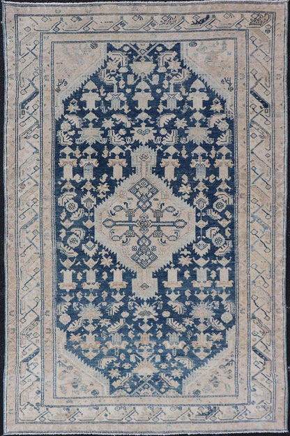 Mid Night Blue Background Antique Persian Hamadan Rug with Taupe & Powder Blue. Mid night Blue Color rug, Blue Medallion Antique Persian Hamadan Rug. Keivan Woven Arts / rug VAS - 55541, country of origin / type: Iran / Hamadan, circa 1920 Measure... - Keivan Woven ArtsVAS - 55541 - 22932Rug