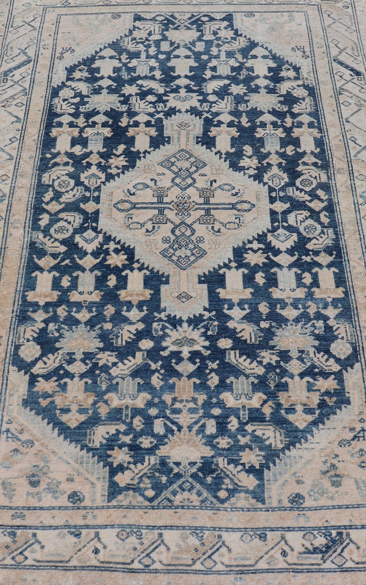 Mid Night Blue Background Antique Persian Hamadan Rug with Taupe & Powder Blue. Mid night Blue Color rug, Blue Medallion Antique Persian Hamadan Rug. Keivan Woven Arts / rug VAS - 55541, country of origin / type: Iran / Hamadan, circa 1920 Measure... - Keivan Woven ArtsVAS - 55541 - 22932Rug