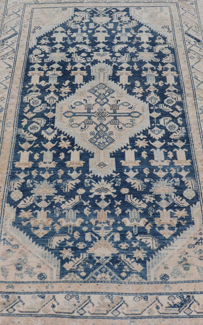 Mid Night Blue Background Antique Persian Hamadan Rug with Taupe & Powder Blue. Mid night Blue Color rug, Blue Medallion Antique Persian Hamadan Rug. Keivan Woven Arts / rug VAS - 55541, country of origin / type: Iran / Hamadan, circa 1920 Measure... - Keivan Woven ArtsVAS - 55541 - 22932Rug