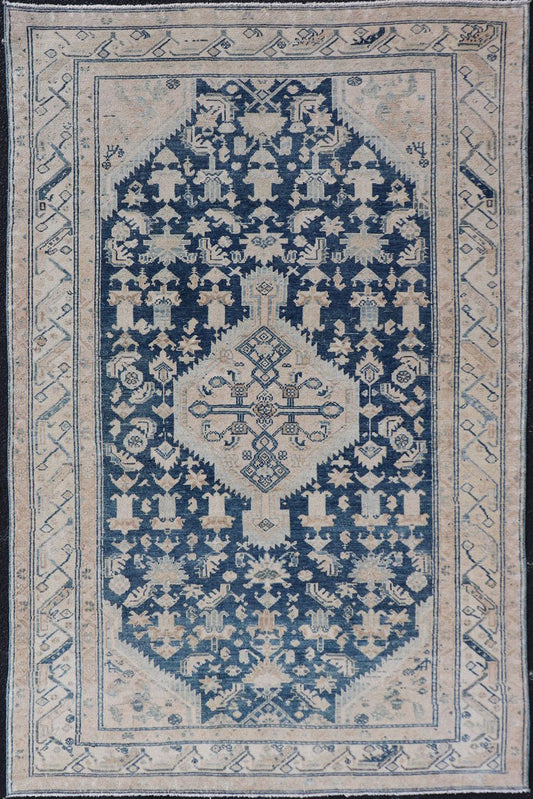 Mid Night Blue Background Antique Persian Hamadan Rug with Taupe & Powder Blue. Mid night Blue Color rug, Blue Medallion Antique Persian Hamadan Rug. Keivan Woven Arts / rug VAS - 55541, country of origin / type: Iran / Hamadan, circa 1920 Measure... - Keivan Woven ArtsVAS - 55541 - 22932