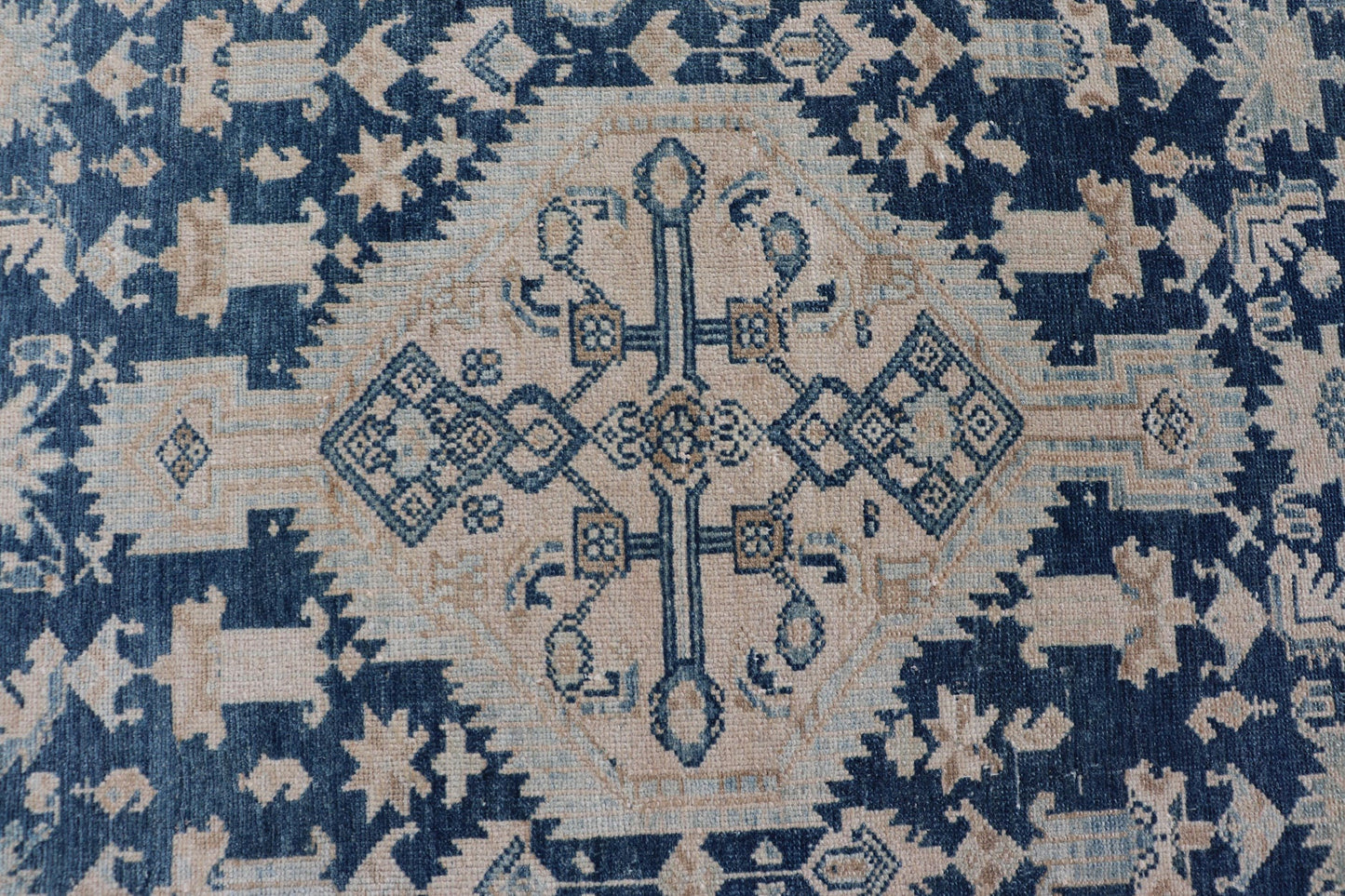 Mid Night Blue Background Antique Persian Hamadan Rug with Taupe & Powder Blue. Mid night Blue Color rug, Blue Medallion Antique Persian Hamadan Rug. Keivan Woven Arts / rug VAS - 55541, country of origin / type: Iran / Hamadan, circa 1920 Measure... - Keivan Woven ArtsVAS - 55541 - 22932Rug