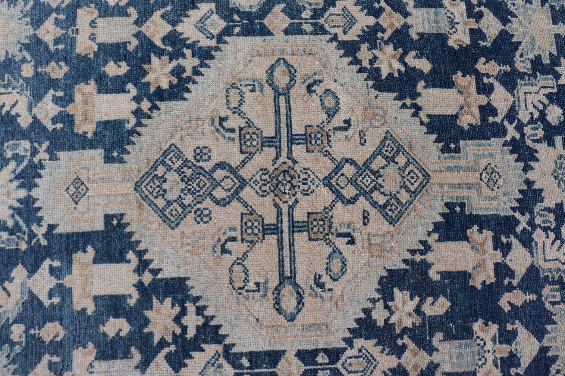 Mid Night Blue Background Antique Persian Hamadan Rug with Taupe & Powder Blue. Mid night Blue Color rug, Blue Medallion Antique Persian Hamadan Rug. Keivan Woven Arts / rug VAS - 55541, country of origin / type: Iran / Hamadan, circa 1920 Measure... - Keivan Woven ArtsVAS - 55541 - 22932Rug