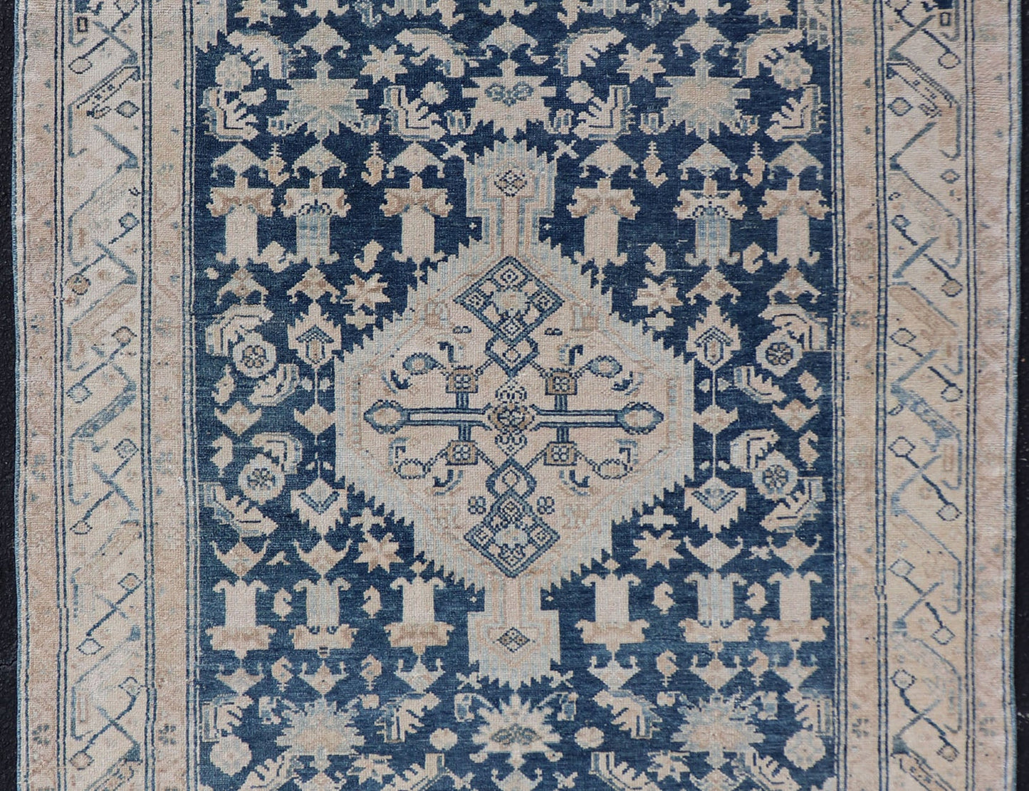 Mid Night Blue Background Antique Persian Hamadan Rug with Taupe & Powder Blue. Mid night Blue Color rug, Blue Medallion Antique Persian Hamadan Rug. Keivan Woven Arts / rug VAS - 55541, country of origin / type: Iran / Hamadan, circa 1920 Measure... - Keivan Woven ArtsVAS - 55541 - 22932Rug